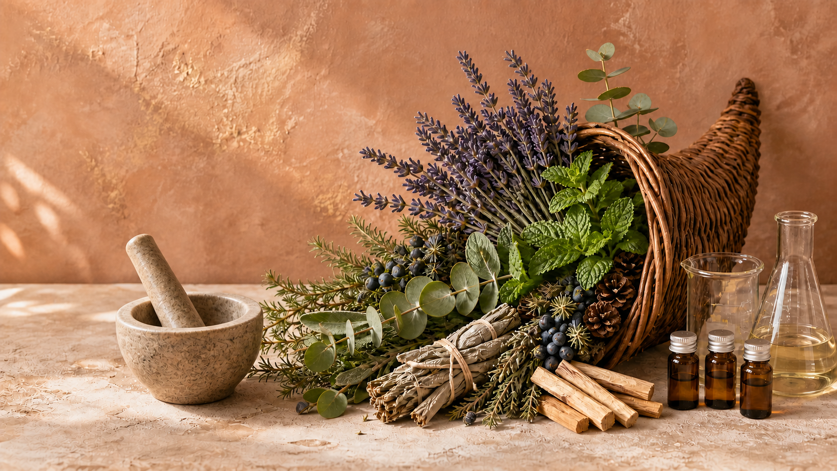 Lavender, juniper, eucalyptus, mint, palo santo and sage in a cornucopia with a mortar and pestle, alongside amber bottles with aluminum caps